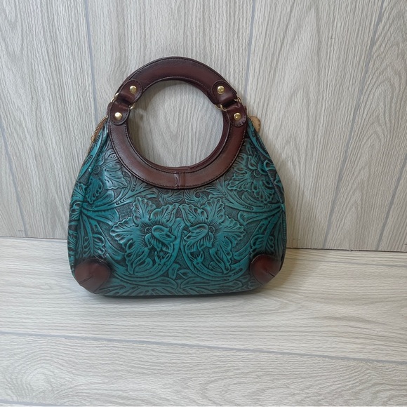 Artesanal Hand Tooled & Painted Vegan Leather Handbag Clutch Brown Turquoise - Picture 4 of 15